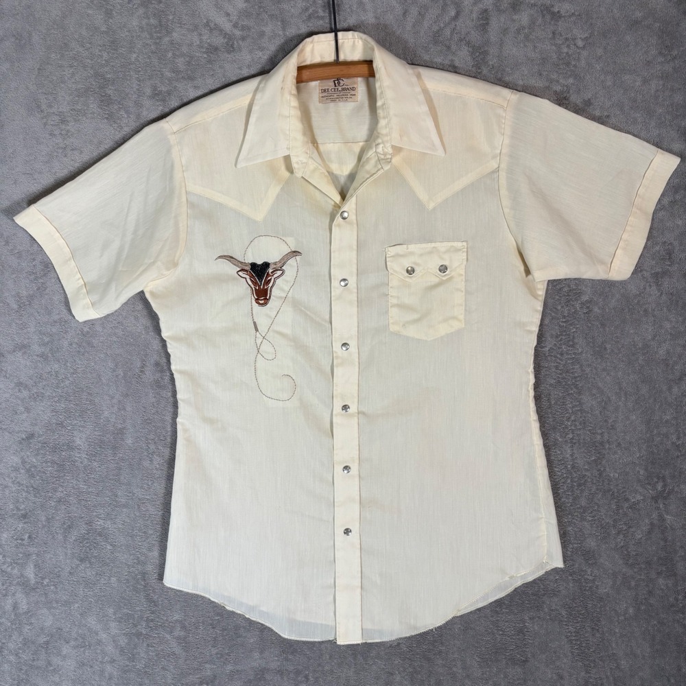 Vintage Dee Cee Brand Mens Cream Western Pearl Snap Short Sleeve Bull Shirt 16 M